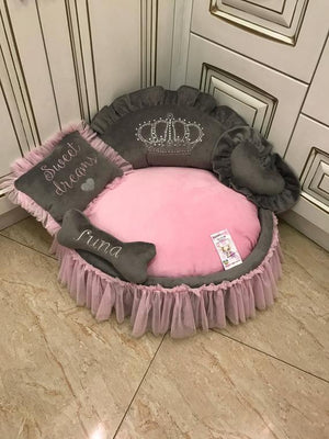 Baby pink and Gray princess dog bed with crown sparkles Designer pet bed Cat bed Medium or small dog bed Pink puppy bed Personalised dog bed