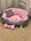 Baby pink and grey polka dot designer dog bed Princess dog bed Custom made dog bed Small dog bed Personalized dog bed Baby pink bed for dog