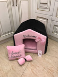 Black and baby pink designer dog house Princess dog bed in pink and black Princess dog bed Personalized puppy bed Cat house Designer dog bed