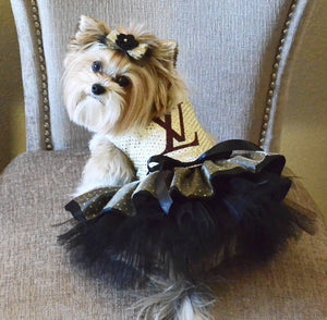 Louis Vuitton inspired embroidered dog Dress with swarovski blings