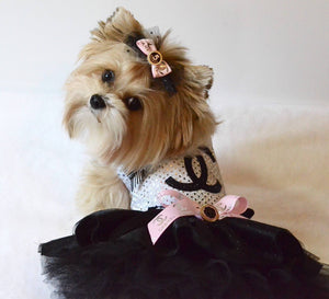 Chewnel inspired embroidered dog Dress with swarovski blings