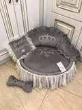 Gray princess bed with crown sparkles Puppy bed for princess dog Designer pet pet Cat bed Medium or small dog bed in grey Personalized bed