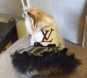 Louis Vuitton inspired embroidered dog Dress with swarovski blings