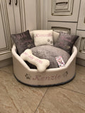 Luxury dog bed  in grey and cream Faux leather pearl pet bed Designer pet bed Cat bed Custom made dog bed Personalized dog bed Dog house