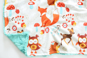 Woodland Blanket - deer, hedgehog, owls, mushroom puppy blanket