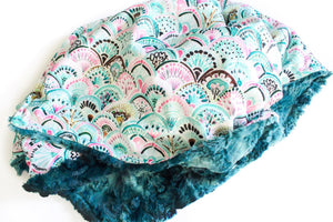 Mermaid Scales Blanket, teal and pink, teal fur backing