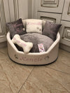 Luxury dog bed  in grey and cream Faux leather pearl pet bed Designer pet bed Cat bed Custom made dog bed Personalized dog bed Dog house