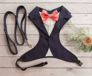 Dog tuxedo harness and leash set: blue navy dog harness with blue leash, dog wedding attire, ring bearer dog outfit, dog formal wear wedding