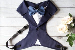 Dog tuxedo harness and leash set: blue navy dog harness with blue leash, dog wedding attire, ring bearer dog outfit, dog formal wear wedding