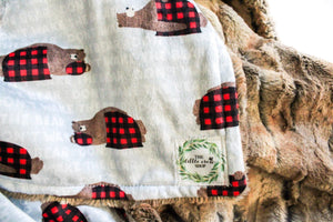 Don't Wake the Bear Blanket  buffalo plaid, rustic bears