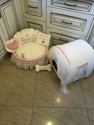 Ivory and baby pink set of dog house and luxury pet bed Princess dog bed Designer custom made bed Puppy house Personalized dog bed Cat bed