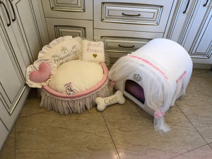 Ivory and baby pink set of dog house and luxury pet bed Princess dog bed Designer custom made bed Puppy house Personalized dog bed Cat bed