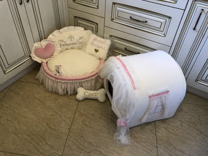 Ivory and baby pink set of dog house and luxury pet bed Princess dog bed Designer custom made bed Puppy house Personalized dog bed Cat bed