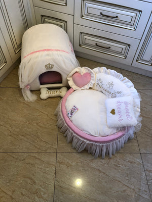 Ivory and baby pink set of dog house and luxury pet bed Princess dog bed Designer custom made bed Puppy house Personalized dog bed Cat bed