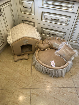 Beige set of dog house and bed Luxury pet bed Designer dog furniture Puppy bed Personalized bed Puppy bed Customized dog bed Princess bed