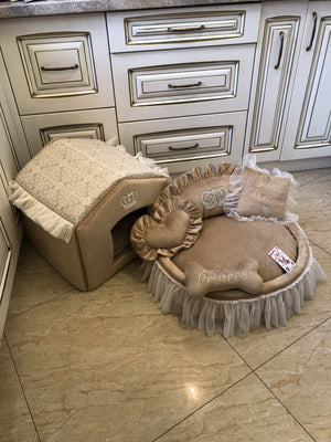 Beige set of dog house and bed Luxury pet bed Designer dog furniture Puppy bed Personalized bed Puppy bed Customized dog bed Princess bed