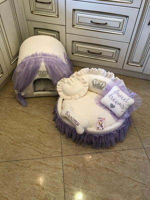 Ivory and baby lavender set of dog house and luxury pet bed Princess dog bed Designer custom made bed Puppy house Personalized dog bed