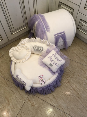 Ivory and baby lavender set of dog house and luxury pet bed Princess dog bed Designer custom made bed Puppy house Personalized dog bed