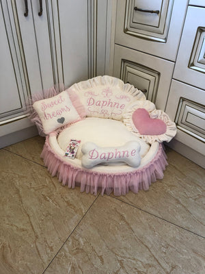 Ivory and baby pink designer dog bed Puppy bed for princess dog Designer pet bed Cat bed Medium or small dog bed in ivory Personalized bed