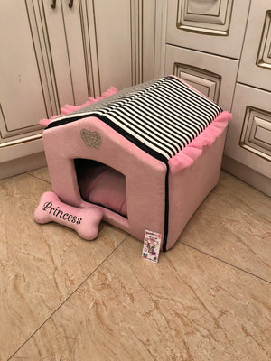 Baby pink and black striped dog house with sparkles crown Designer pet house in pink Princess dog bed Cat bed Puppy house Designer bed