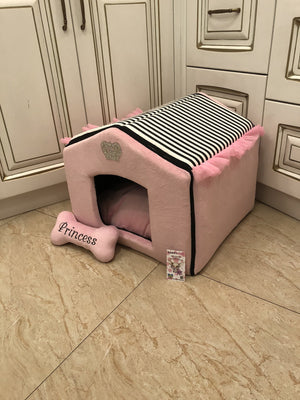 Baby pink and black striped dog house with sparkles crown Designer pet house in pink Princess dog bed Cat bed Puppy house Designer bed