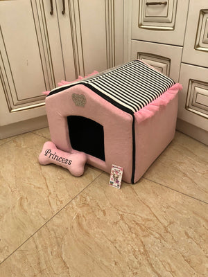 Baby pink and black striped dog house with sparkles crown Designer pet house in pink Princess dog bed Cat bed Puppy house Designer bed