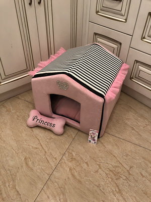 Baby pink and black striped dog house with sparkles crown Designer pet house in pink Princess dog bed Cat bed Puppy house Designer bed