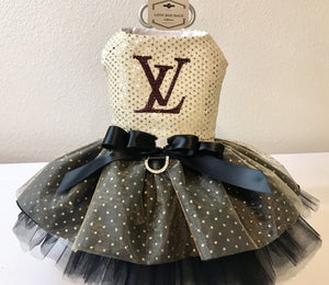 Louis Vuitton inspired embroidered dog Dress with swarovski blings