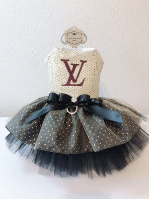 Louis Vuitton inspired embroidered dog Dress with swarovski blings