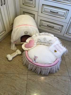 Ivory and baby pink set of dog house and luxury pet bed Princess dog bed Designer custom made bed Puppy house Personalized dog bed Cat bed