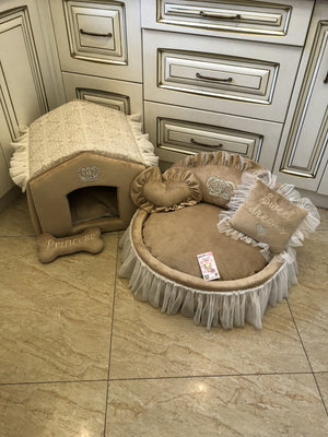 Beige set of dog house and bed Luxury pet bed Designer dog furniture Puppy bed Personalized bed Puppy bed Customized dog bed Princess bed