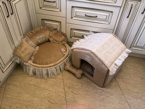 Beige set of dog house and bed Luxury pet bed Designer dog furniture Puppy bed Personalized bed Puppy bed Customized dog bed Princess bed