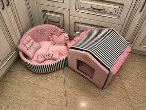 Baby pink and black striped dog house with sparkles crown Designer pet house in pink Princess dog bed Cat bed Puppy house Designer bed