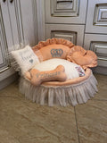 Peach and ivory princess dog bed with crown Designer pet pet Cat bed Medium or small dog bed in peach Birthday dog present Puppy bed