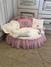 Cream and baby pink princess pet bed with crown sparkles Designer pet bet Cat bed Medium or small dog bed in baby pink and ivory Puppy bed