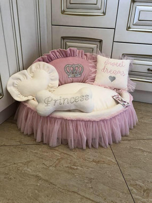 Cream and baby pink princess pet bed with crown sparkles Designer pet bet Cat bed Medium or small dog bed in baby pink and ivory Puppy bed